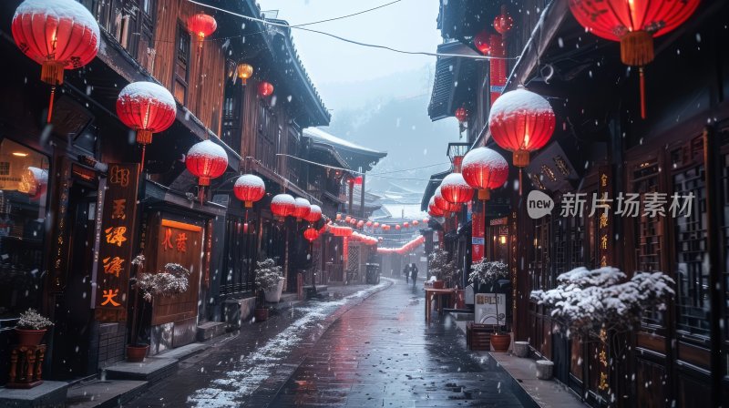 冬天中国塔楼古镇下雪古风雪景