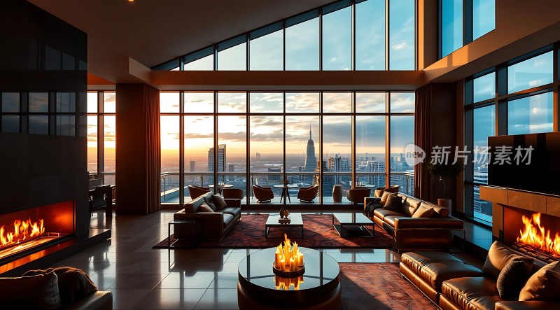 现代都市客厅落地窗、壁炉与城市景观