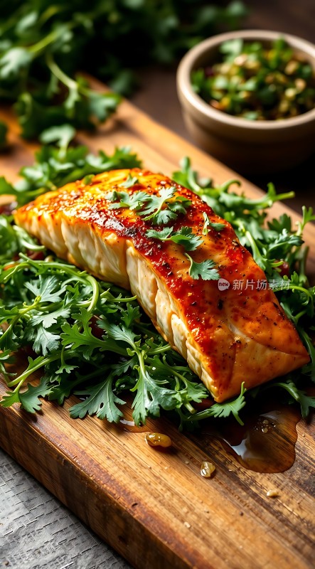 香煎三文鱼配香菜