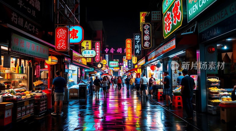 霓虹灯下的繁华夜市