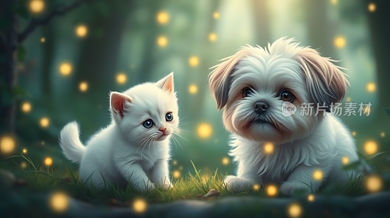 萤光夜色中小狗小猫共度温馨时光