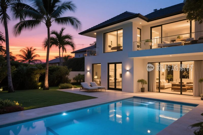 豪华别墅泳池夜景图