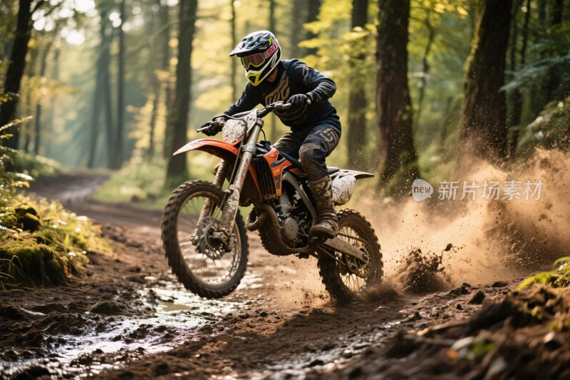 越野摩托车手林间驰骋