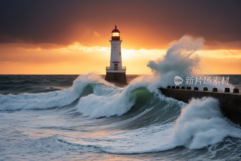 日落时分海浪拍打着灯塔天空漆黑背景图片