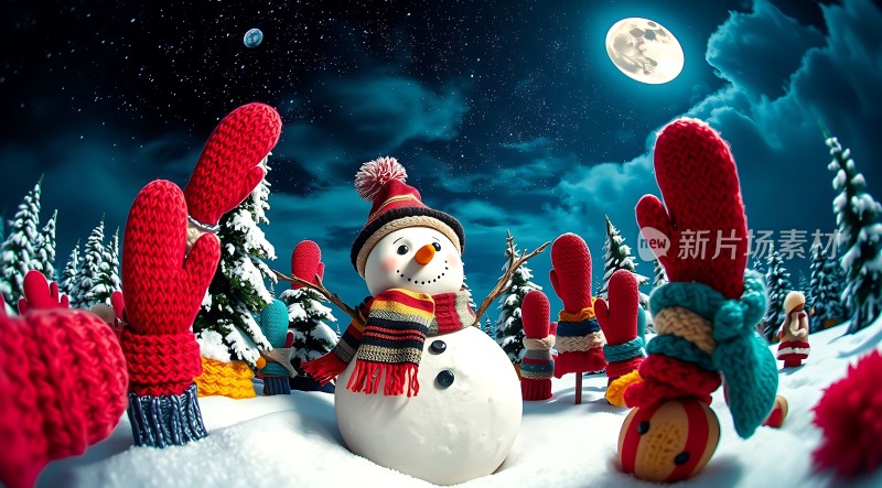 雪夜里的彩色手套与雪人