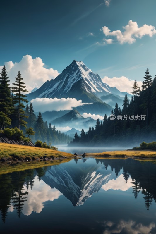 山和树倒映在前景的湖泊中高清风景图片