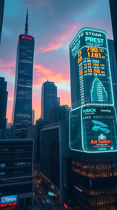 都市夜景下的摩天大楼与股市行情显示屏