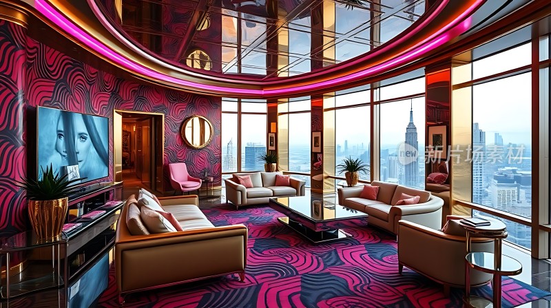 摩登都市客厅粉色与紫色交织的现代风格落地窗前尽享城市美景