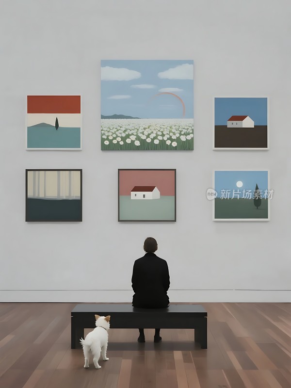 艺术馆内人与狗共赏画作