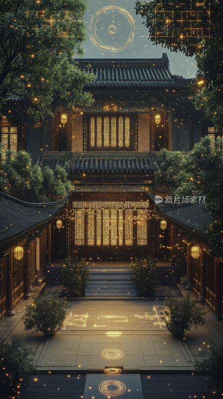 灯火辉煌的古代建筑庭院夜景