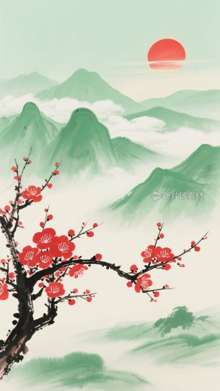 红梅映山景红日悬天际