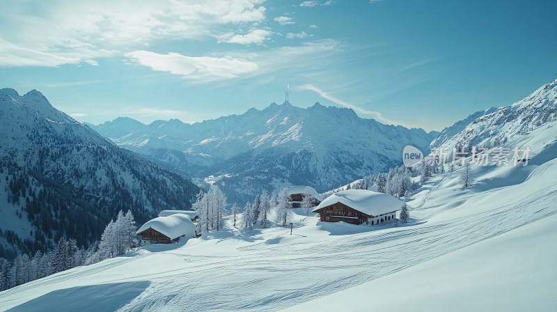 山峦小屋雪景