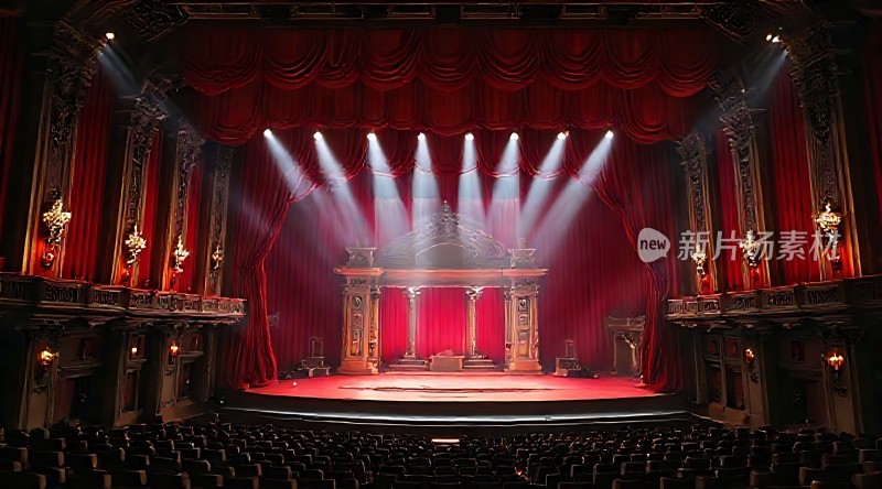 华丽剧院舞台红幕布与聚光灯