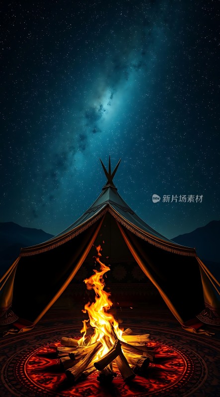 星空下的篝火旁帐篷静候