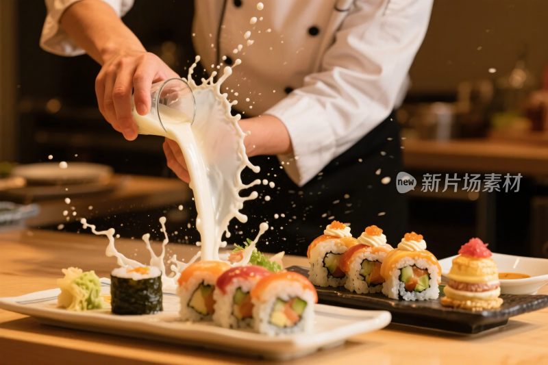 厨师倒酱汁制作寿司