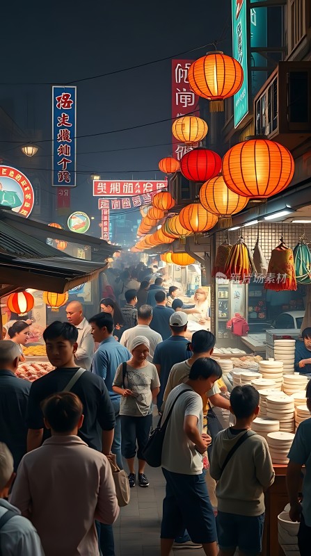 夜市繁华灯笼高挂人潮涌动热闹非凡