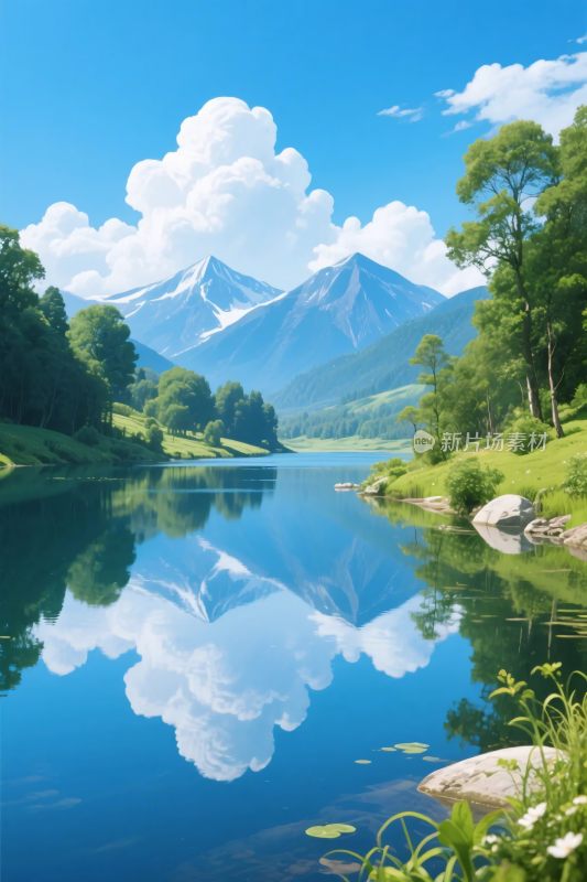 山水湖景风景插画