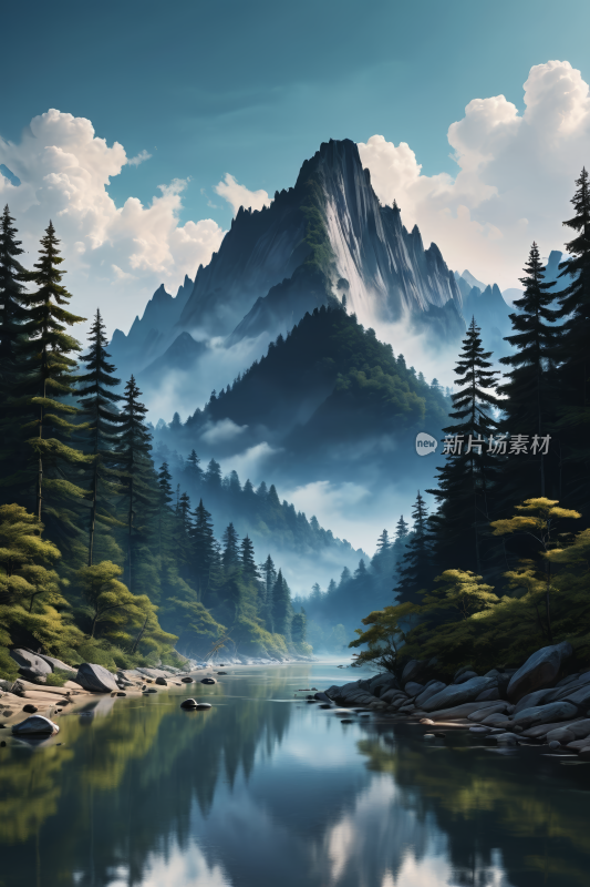 河流和树木山景高清插图图片