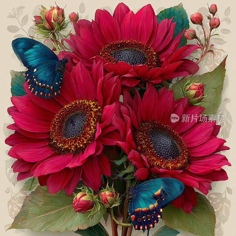 艳丽花朵与蝴蝶插画