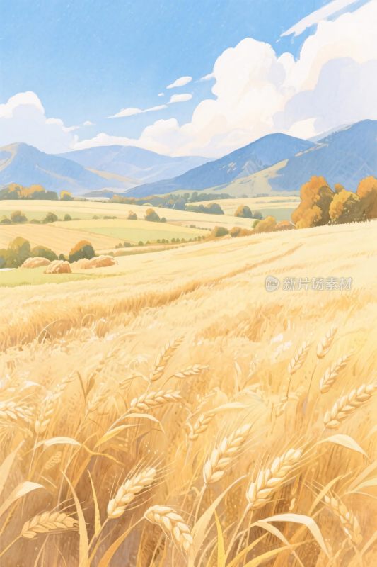 田园麦田风景插画
