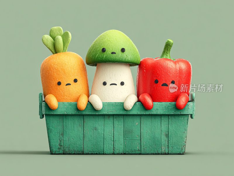 可爱拟人化蔬菜在绿色筐中
