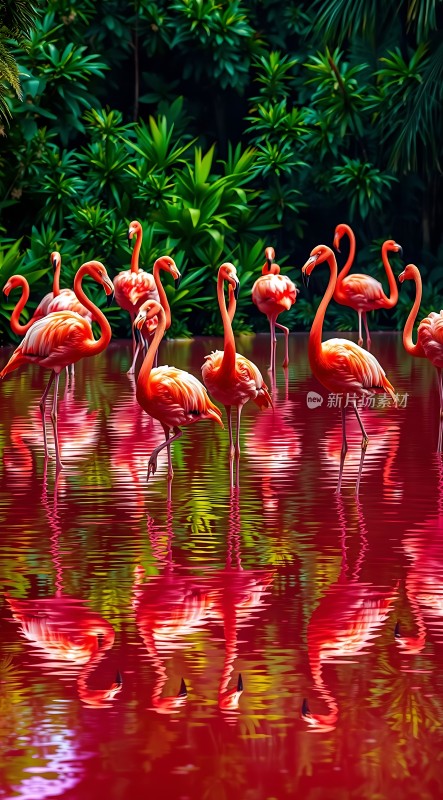 火烈鸟映红湖畔绿意盎然