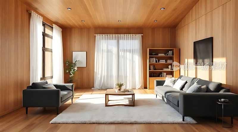现代简约客厅木质墙面与家具舒适沙发和茶几自然光线充足