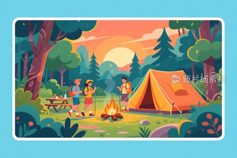 森林中的露营场景插画