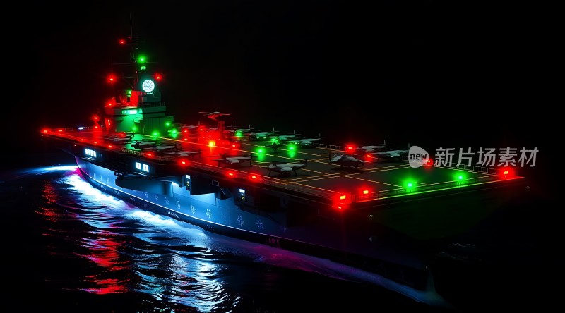 航母夜航红绿灯光下的钢铁巨舰