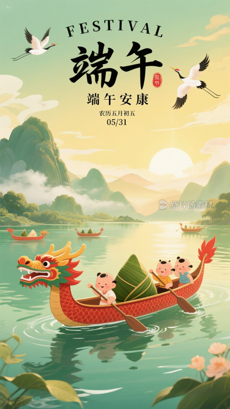 端午节划龙舟吃粽子设计海报
