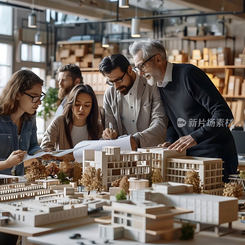 团队协作共同探讨建筑模型设计