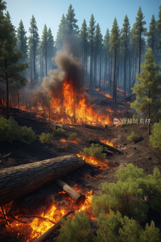 森林中央一场大火树木繁茂高清风景图片