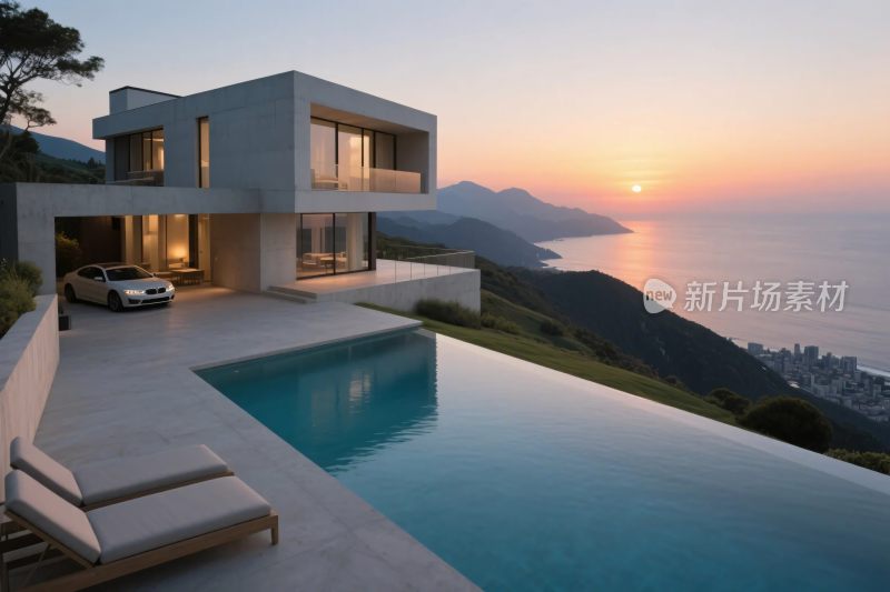 海边现代别墅与泳池景观