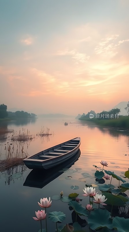 湖畔轻舟映日莲