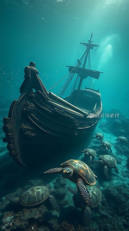 海底船骸与海龟共舞