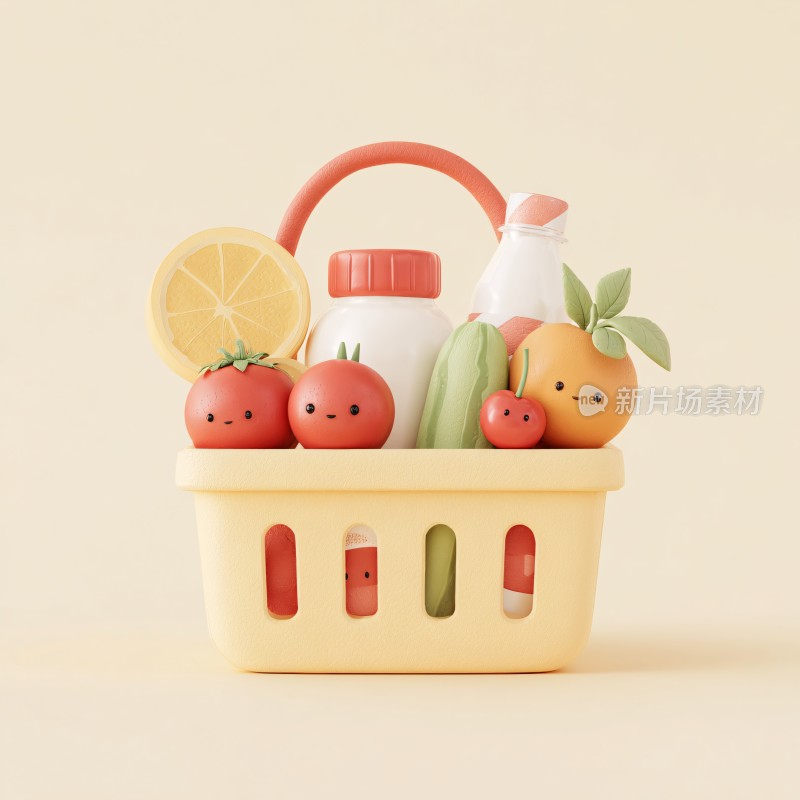 可爱果蔬牛奶购物篮插画
