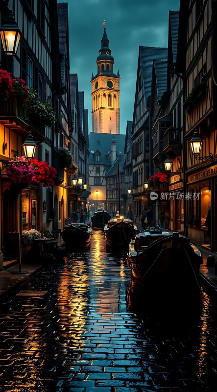 夜幕下的欧洲小镇灯火阑珊映水街