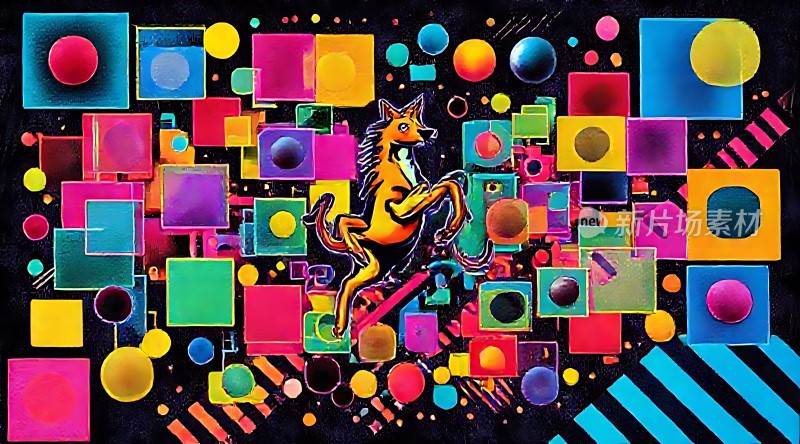 多彩几何世界中的跃起雄狮