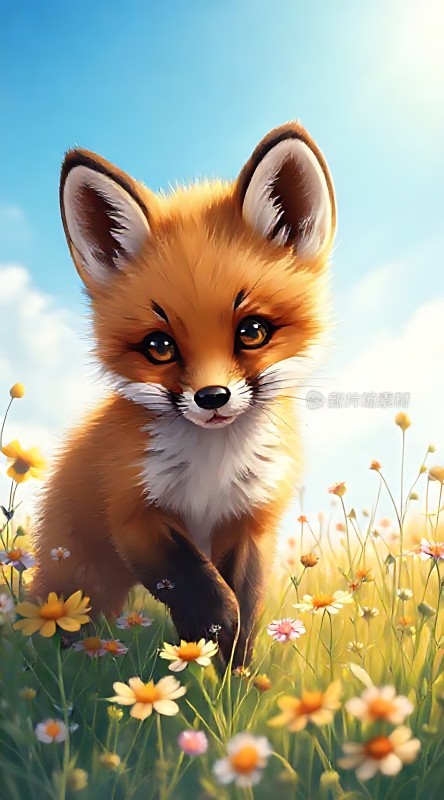 阳光下的萌狐小精灵在花丛中漫步