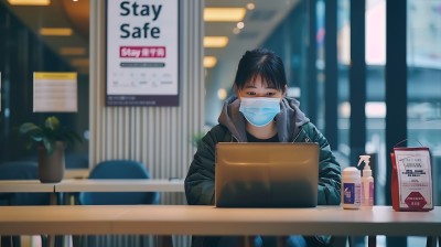 戴口罩的女孩在图书馆学习 戴口罩的女孩在图书馆学习