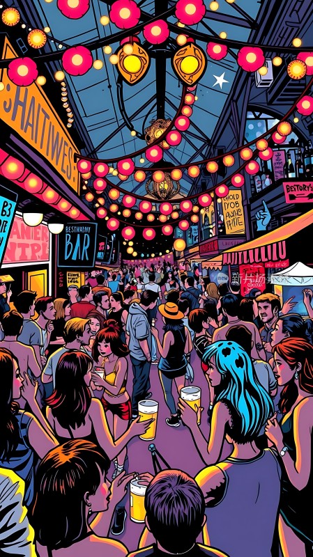 夜市狂欢霓虹闪烁人群熙攘色彩斑斓