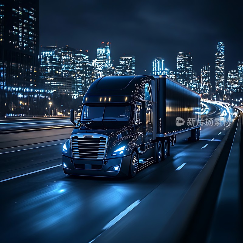 城市夜景下的黑色卡车行驶在高速公路上