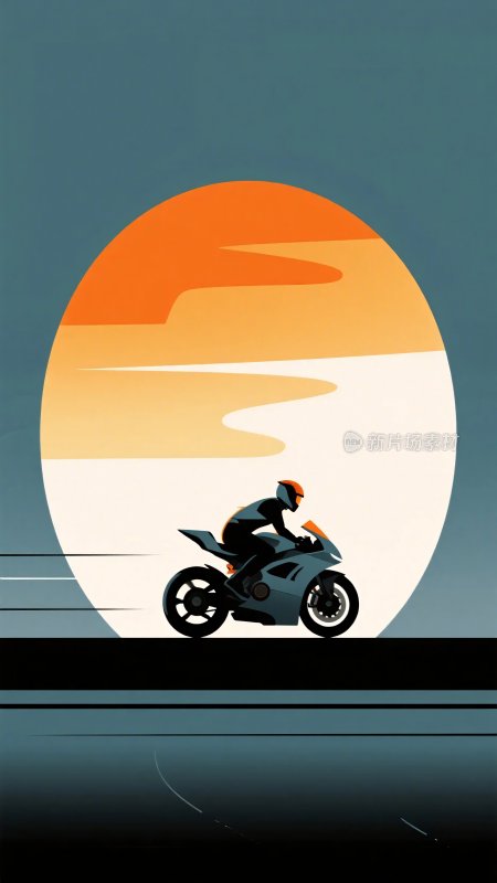 夕阳下骑行的摩托车手