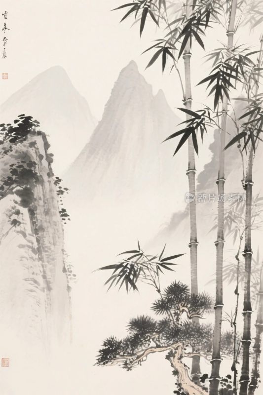 中国水墨山水竹画