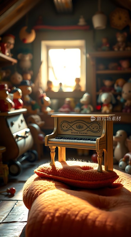 阳光下的玩具钢琴与温馨小屋