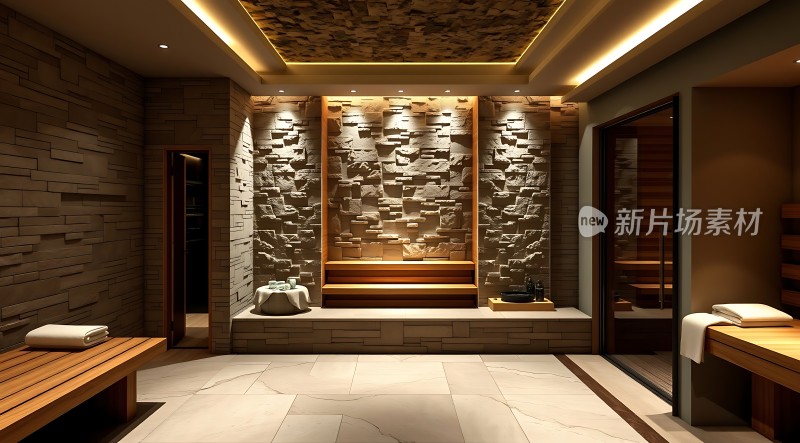 现代浴室设计石墙与木质家具的结合