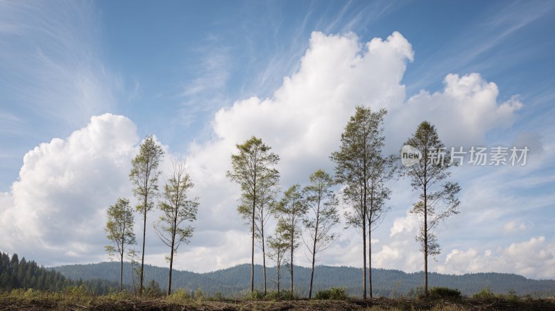 蓝天白云下的挺拔树木