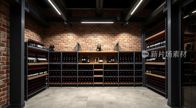 砖墙酒窖整齐排列的红酒展示架