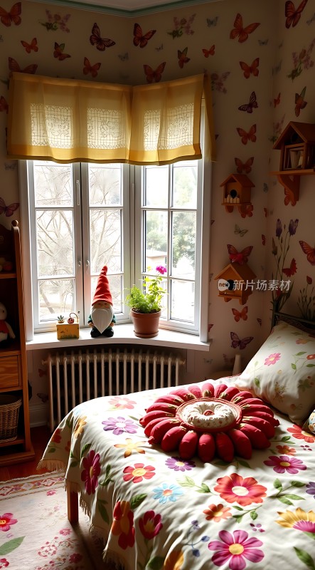 温馨卧室窗前绿植与玩偶相伴床铺鲜花图案墙纸蝴蝶点缀