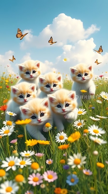 七只小猫在花丛中嬉戏玩耍